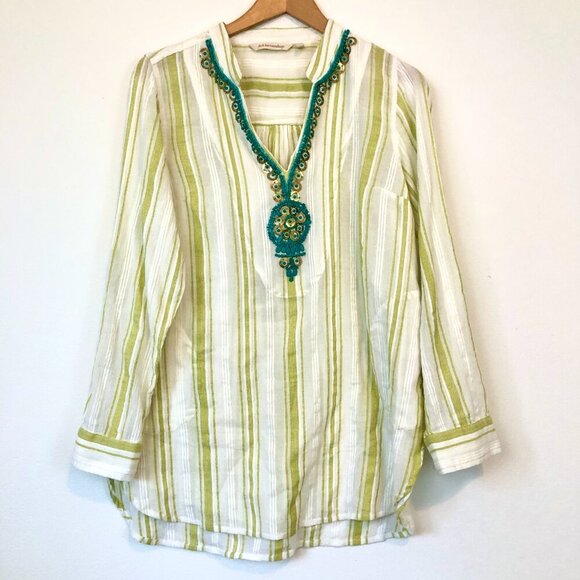 SOFT SURROUNDINGS Elisha Tunic Green White Striped Blue Beaded 100% Cotton Small - Picture 2 of 7